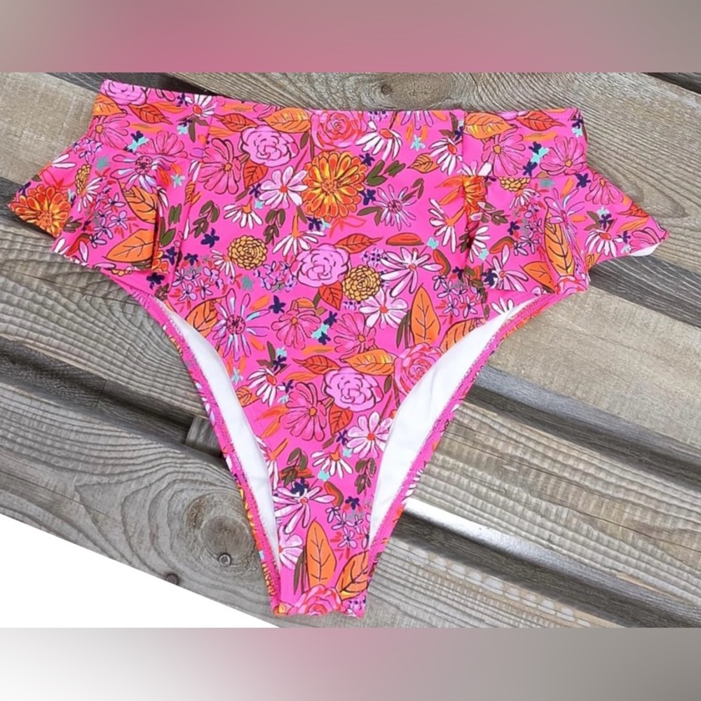 Floral High-Waist Bikini Bottom in Hot Pink - Picture 4 of 5